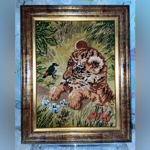 Framed Needlepoint Tiger Art